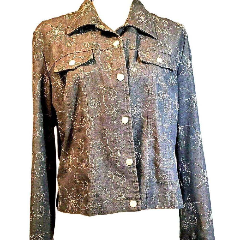 Julie Mitchell Denim Collection Jacket Size 16 Blue & White Floral Stitch Snap